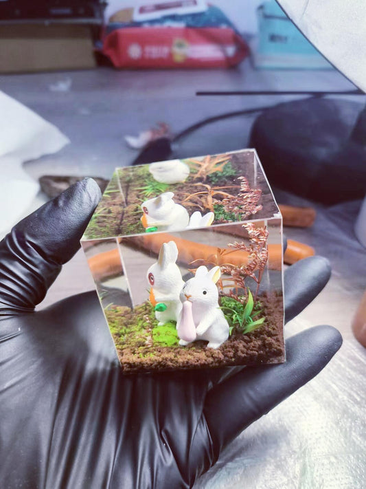 Artisan Cute Bunny Resin Cube, Little Rabbit Diorama, Custom Miniature Scenes, Micro Landscape Art, Personalized Gift, Desk Decor. - HiJenney