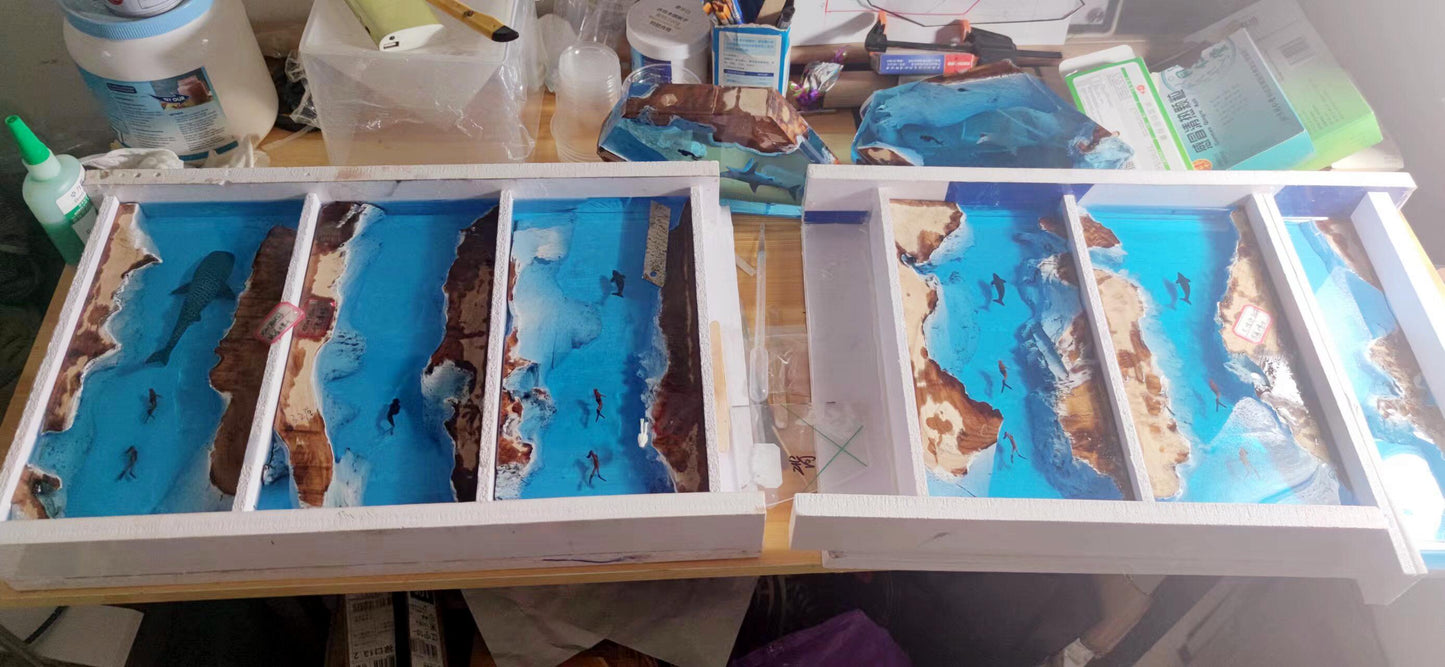 Whale Sharks Divers Epoxy Lamps, Artisan Wood Resin Lamps, Ocean Cave Night Lights, Home Desk Decor, Unique Gift. - HiJenney