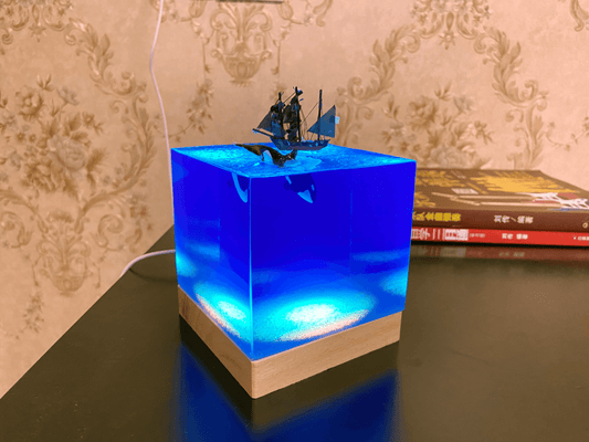 Killer Whale & Sailboat Night Light, Custom Ocean Epoxy Lamp, Handmade Artisan Resin Art Cube, Personalized Seascape Gift. - HiJenney