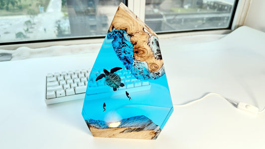 Turtle & Diver Ocean Cave Night Light Lamp, Epoxy Light, Artisan Wood Resin Light, Home Desk Decor, Unique Gifts. - HiJenney