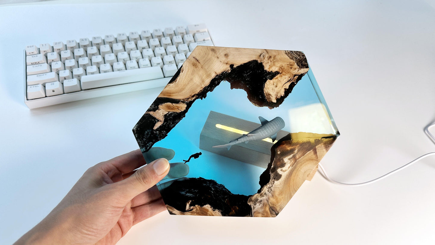 Whale Sharks Divers Epoxy Lamps, Artisan Wood Resin Lamps, Ocean Cave Night Lights, Home Desk Decor, Unique Gift. - HiJenney