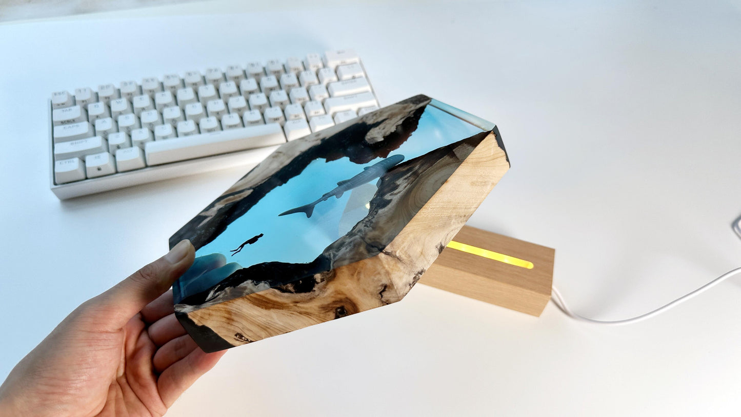 Whale Sharks Divers Epoxy Lamps, Artisan Wood Resin Lamps, Ocean Cave Night Lights, Home Desk Decor, Unique Gift. - HiJenney