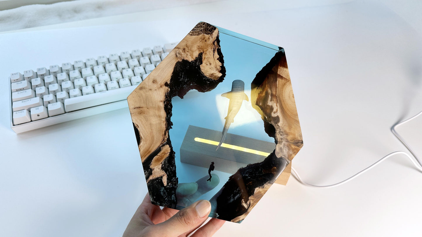 Whale Sharks Divers Epoxy Lamps, Artisan Wood Resin Lamps, Ocean Cave Night Lights, Home Desk Decor, Unique Gift. - HiJenney