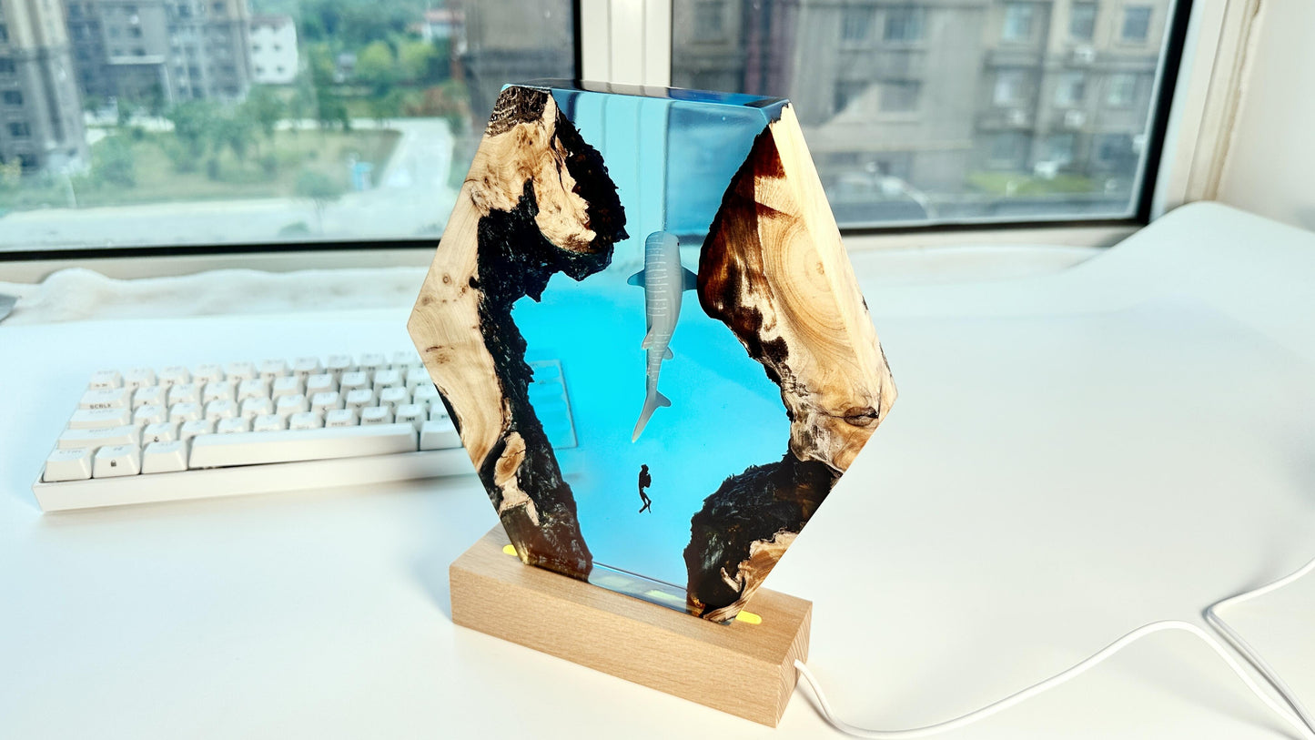Whale Sharks Divers Epoxy Lamps, Artisan Wood Resin Lamps, Ocean Cave Night Lights, Home Desk Decor, Unique Gift. - HiJenney