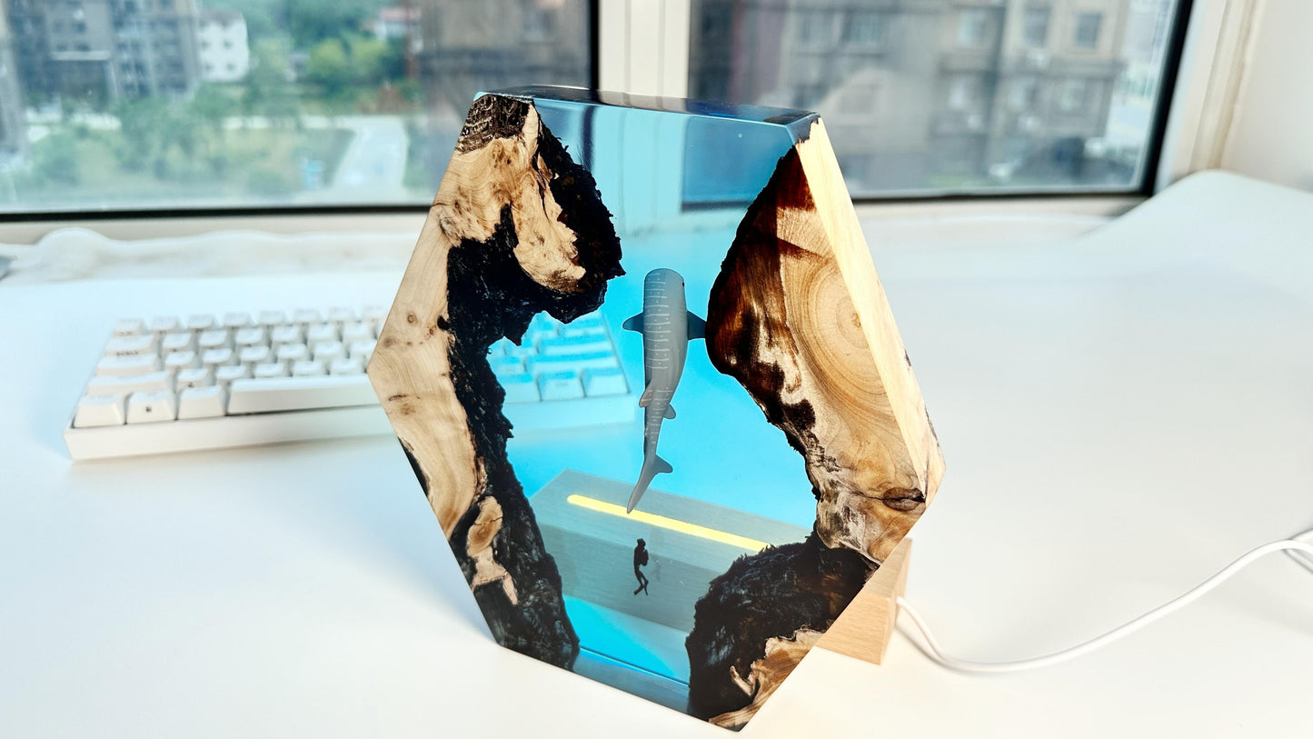 Whale Sharks Divers Epoxy Lamps, Artisan Wood Resin Lamps, Ocean Cave Night Lights, Home Desk Decor, Unique Gift. - HiJenney
