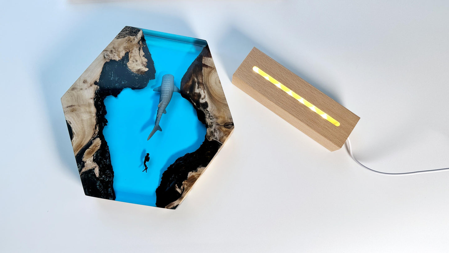 Whale Sharks Divers Epoxy Lamps, Artisan Wood Resin Lamps, Ocean Cave Night Lights, Home Desk Decor, Unique Gift. - HiJenney