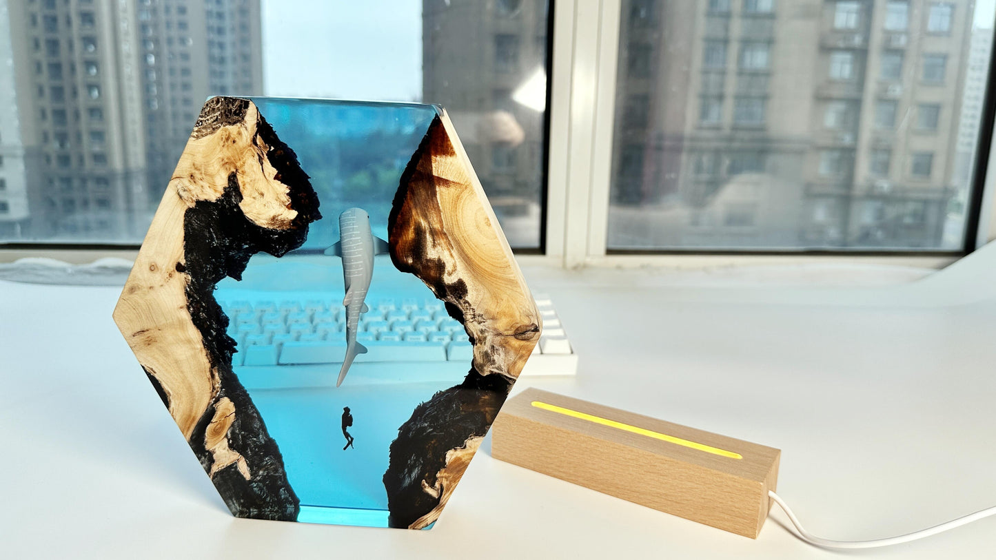 Whale Sharks Divers Epoxy Lamps, Artisan Wood Resin Lamps, Ocean Cave Night Lights, Home Desk Decor, Unique Gift. - HiJenney