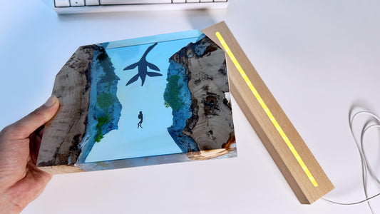 Plesiosaur & Divers Resin Night Light, Ocean Cave Wood Resin Lamp, Custom Blue Sea Epoxy Lamp, Best Gift Idea. - HiJenney