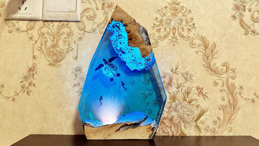Turtle Diver Epoxy Lamps, Artisan Wood Resin Night Light, Ocean Cave Night Light, Home Desk Decor, Ambient Light, Unique Gift. - HiJenney