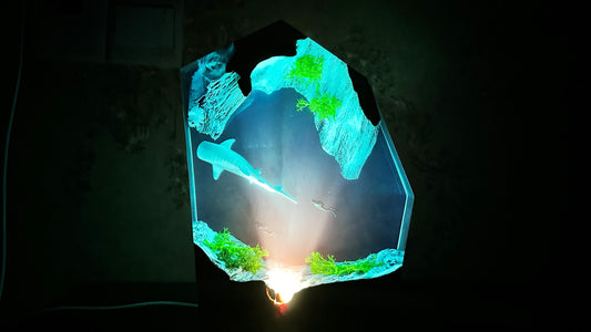 Whale Sharks Divers Diorama Epoxy Lamp, Artisan Ocean Cave Wood Resin Night Light, Home Living Desk Decor, Unique Gift. - HiJenney