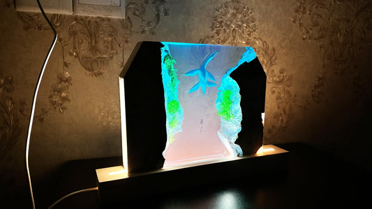 Plesiosaur Divers Epoxy Lamp, Artisan Wood Resin Lamp, Ocean Cave Night Light, Desk Decor, Ambient Light, Custom Gift. - HiJenney