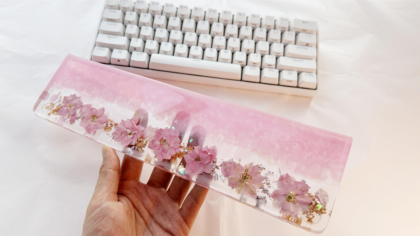 Pink Sakura Wrist Rests, Dried Flowers Wrist Rests, Gold Foil, Siver Foil Artisan Resin Wrist Rests, Gaming Setups. - HiJenney