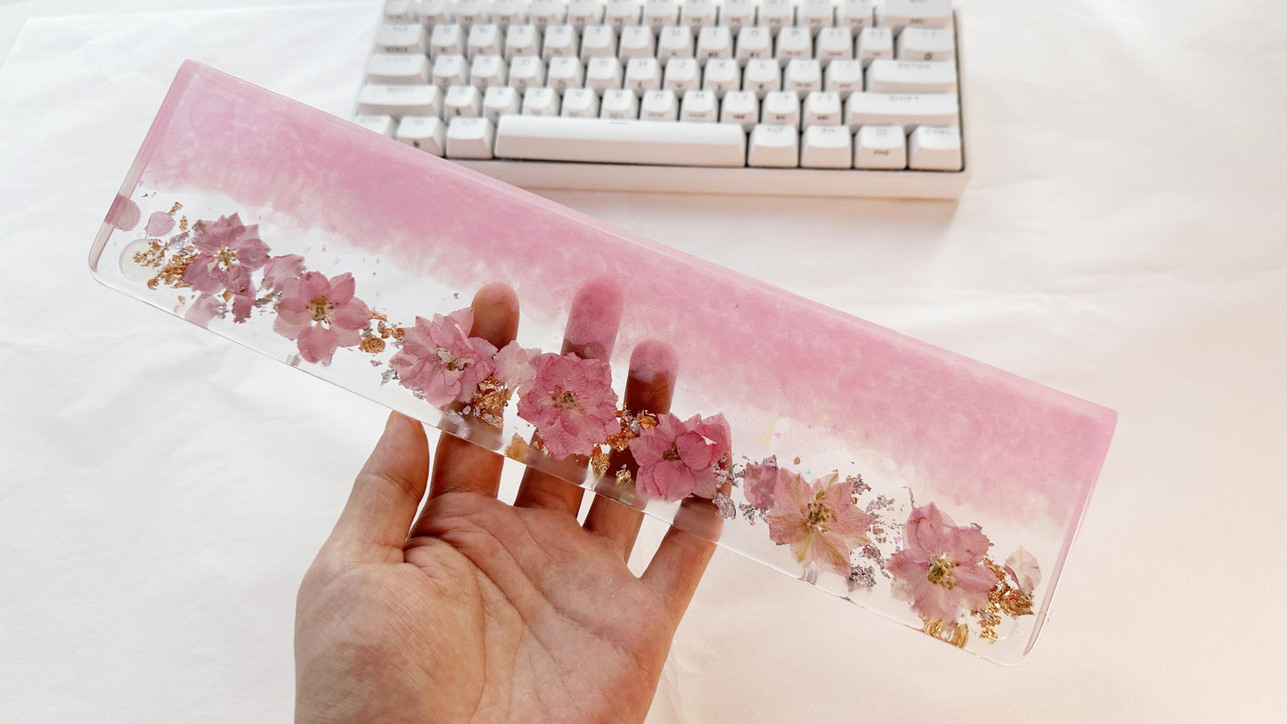 Pink Sakura Wrist Rests, Dried Flowers Wrist Rests, Gold Foil, Siver Foil Artisan Resin Wrist Rests, Gaming Setups. - HiJenney