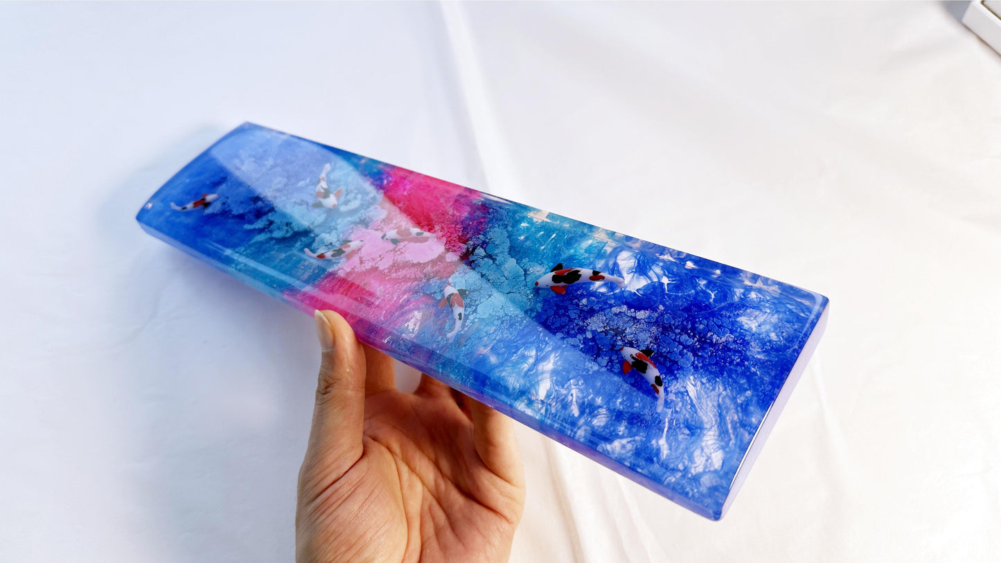 Red Blue Ink Painting Koi Fish Pond Wrist Rest, Ink Dyeing Wrist Rest, Artisan Resin Keyboard Wrist Rest, Personalized Gaming Setup. - HiJenney
