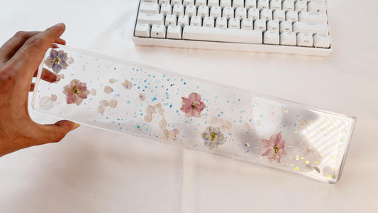 Delphinium Petals Wrist Rest, Artisan Real Flowers Clear Wrist Rest, Handmade Custom Keyboard Wrist Rest, Gaming Setup. - HiJenney