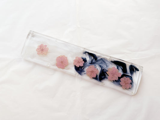 Pink Sakura Wrist Rest, Artisan Clear Resin Wrist Rest, Real Dried Flowers Wrist Rest, Black White Ink Smoke Wrist Rest. - HiJenney