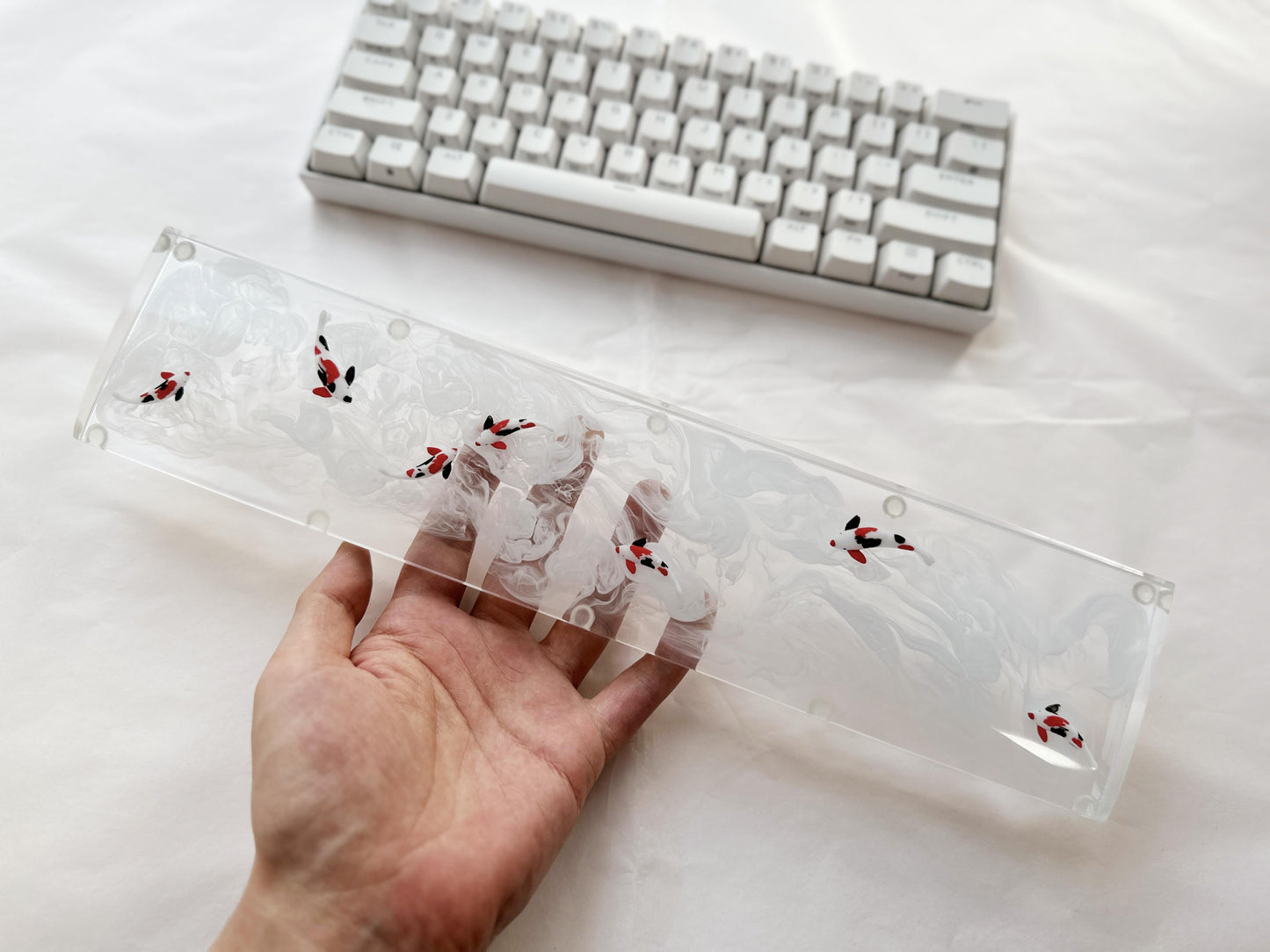 Clear White Koi Fish Wrist Rest, Artisan Resin Keyboard Wrist Rest, Custom Personalized Wrist Rest, Gaming Setup Gift. - HiJenney