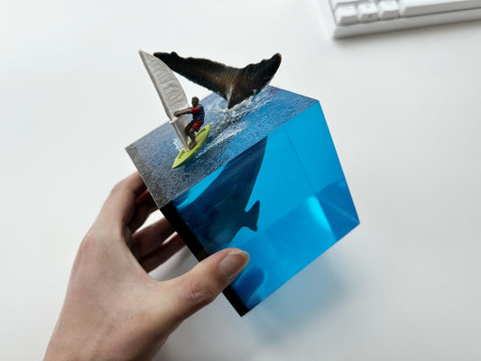 Diorama Shark Tail Epoxy Lamp, Ocean Sailboat Waves Night Light, Seascape Resin Cube Art Gift. - HiJenney