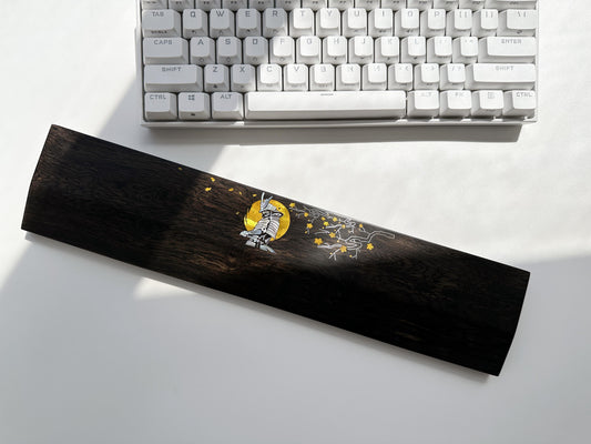Japanese Samurai Sakura Wrist Rest, Black Wood Keyboard Wrist Rest, Golden Silver Nacre Wrist Rest, Custom, Mother-Of-Pearl. - HiJenney