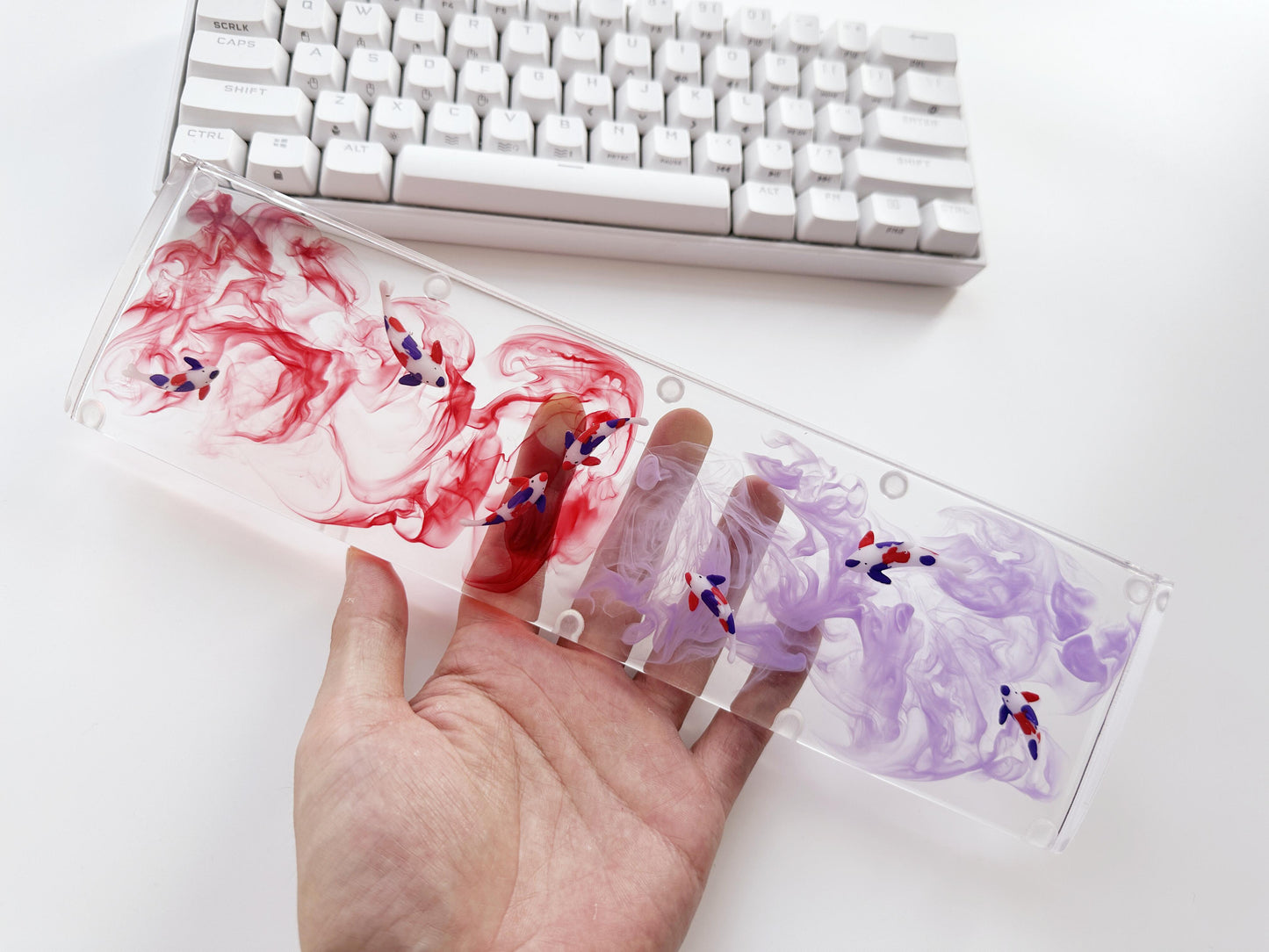 Red Purple Ink Wash Painting Wrist Rests, Koi Fish Pond Wrist Rests, Artisan Clear Resin Wrist Rests, Gaming Setups. - HiJenney