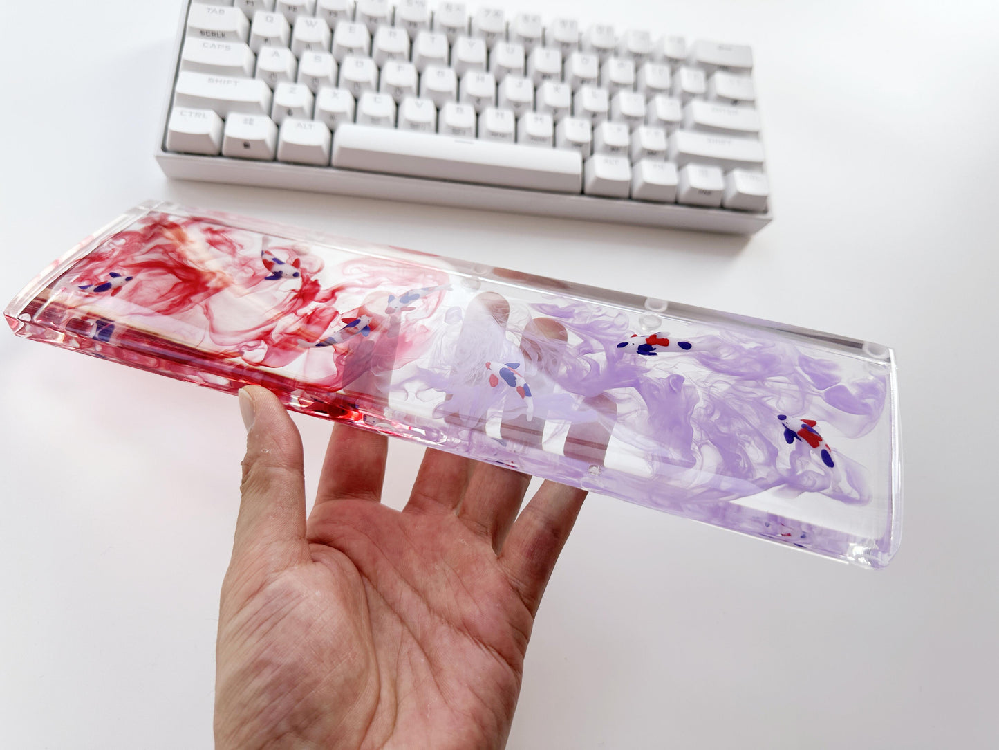 Red Purple Ink Wash Painting Wrist Rests, Koi Fish Pond Wrist Rests, Artisan Clear Resin Wrist Rests, Gaming Setups. - HiJenney