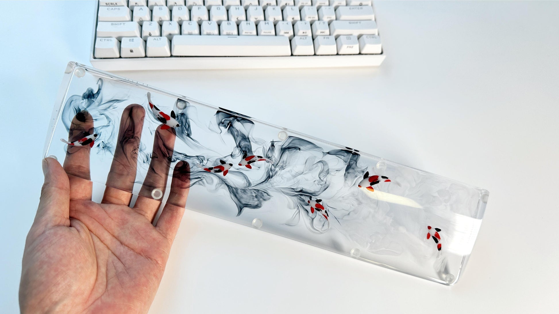 Artisan Koi Fish Wrist Rest, Clear Wrist Rest, Black White Ink Smoke, keyboard Wris Rest, Desk Decor, Personalized Gift. - HiJenney