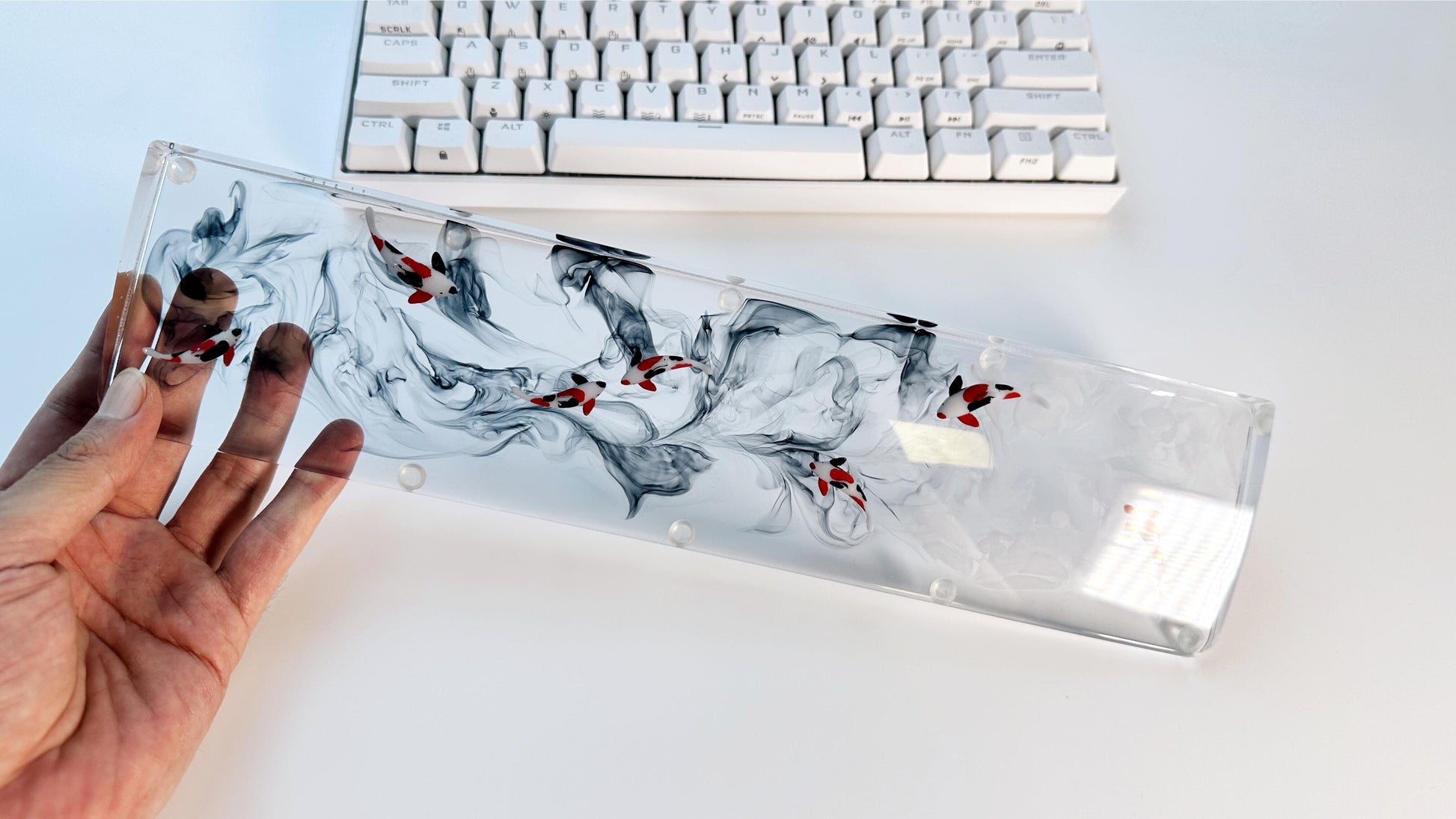 Artisan Koi Fish Wrist Rest, Clear Wrist Rest, Black White Ink Smoke, keyboard Wris Rest, Desk Decor, Personalized Gift. - HiJenney