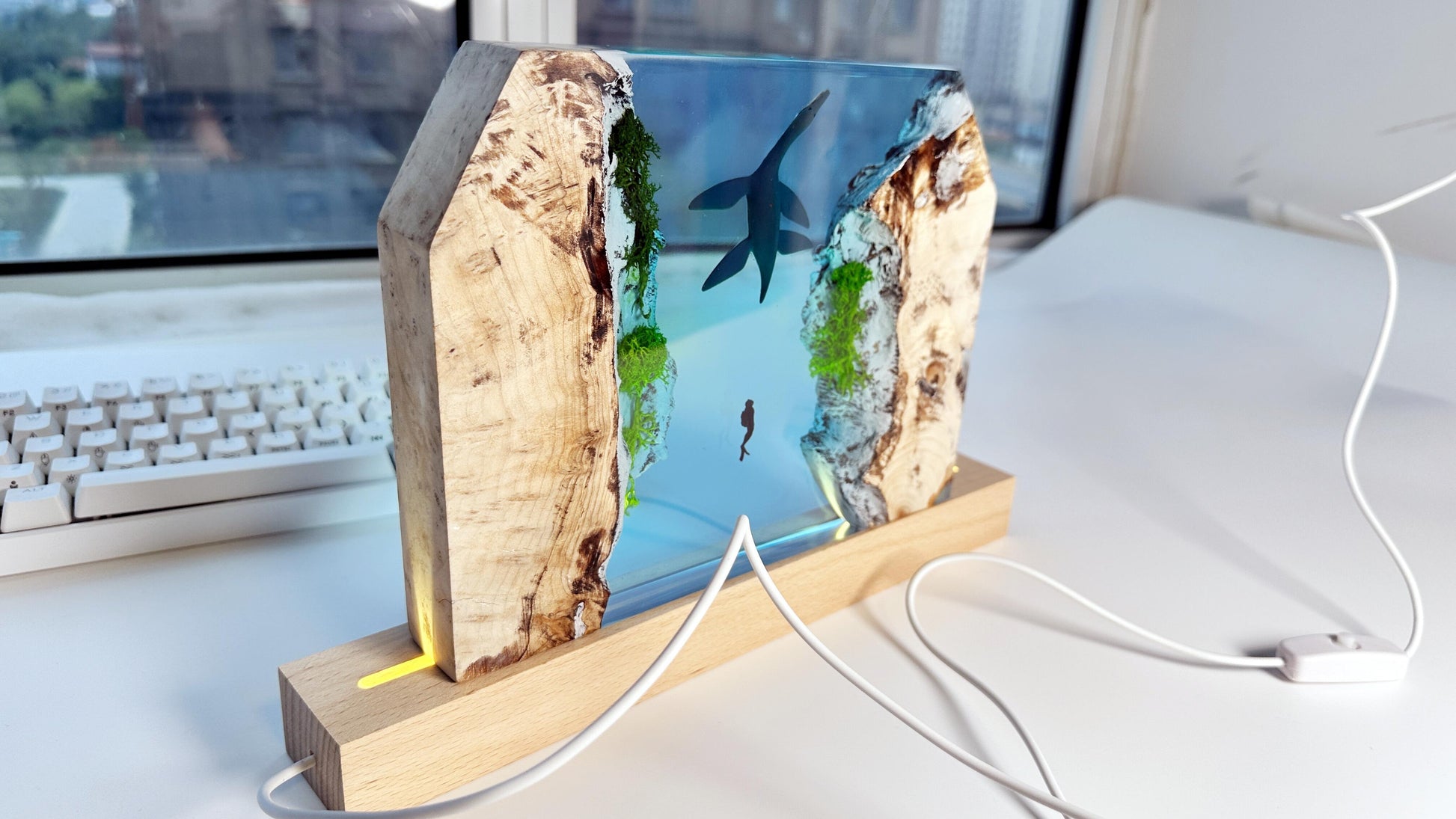 Artisan Wood Resin Lamp, Ocean Cave Night Light, Plesiosaur & Divers Night Light Lamp, Ambient Light, Home Desk Decor, Unique Gifts. - HiJenney