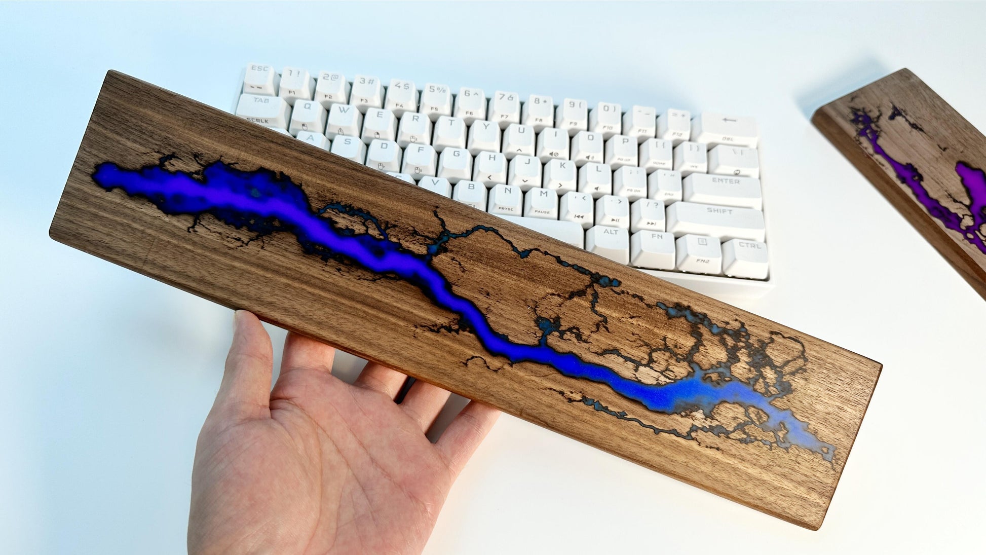 Lightning Struck Wood Resin Wrist Rest, Glow In The Dark, Thunder Fire, Artisan Purple Blue Wrist Rest, Office Desk Gift, Gaming Keyboard Decor. - HiJenney