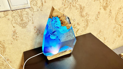 Turtle & Diver Night Light Lamp, Custom Artisan Wood Resin Lamp, Ocean Cave Night Light, Home Desk Decor, Ambient Light, Unique Gift. - HiJenney