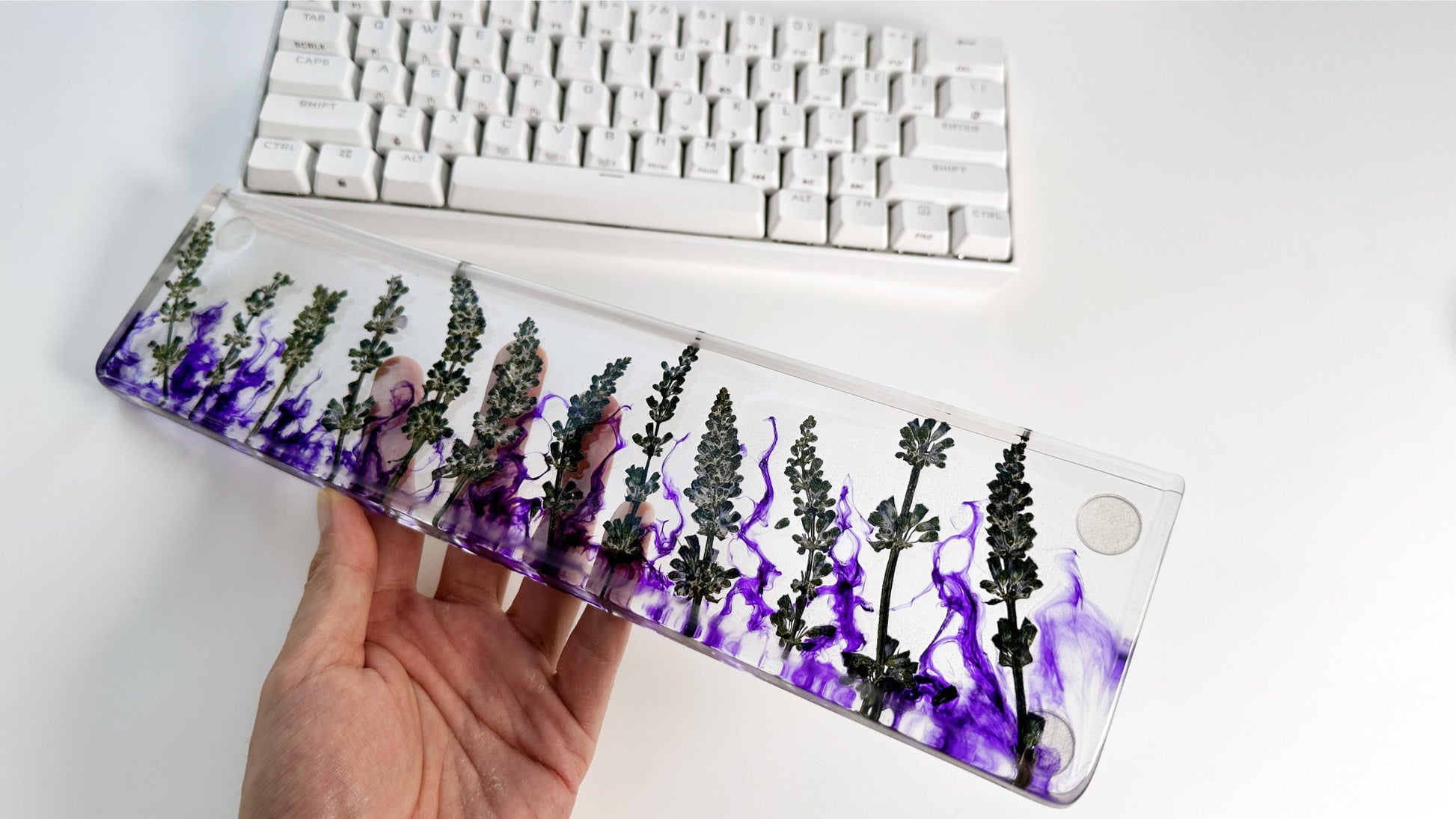 Custom Purple Lavender Wrist Rest, Purple Ink Smoke Wrist Rest, Artisan Resin Wrist Rest, Dried Flowers, Game Desk Decor, Personalized Gifts. - HiJenney