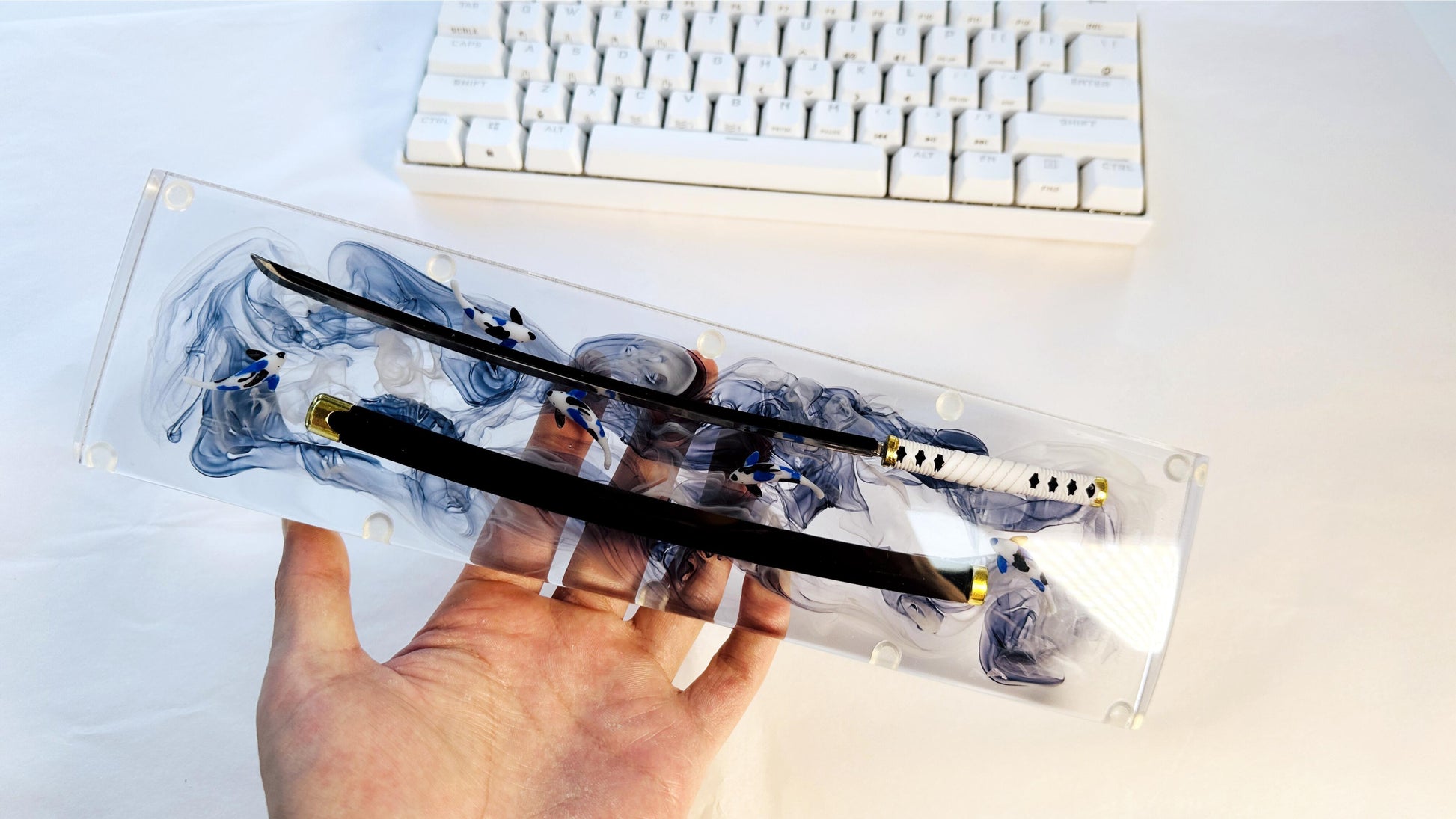 Artisan Katana Wrist Rest, Clear Resin Wrist Rest, Koi Fish Wrist Rest, Custom Keyboard Wrist Rest, Office Desk Decor, Gaming Desk Gift. - HiJenney