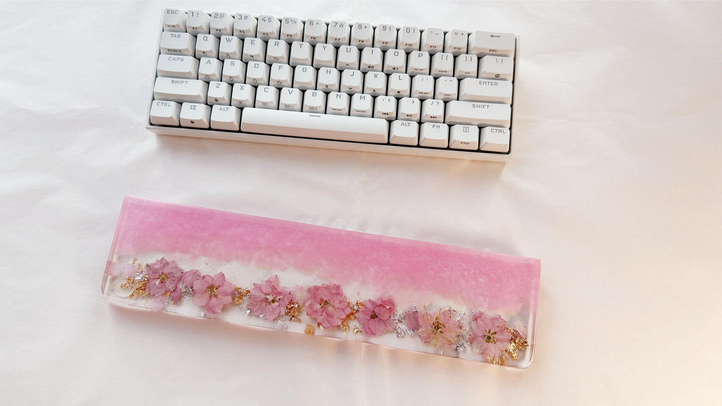 Sakura Pink Petal Wrist Rest, Pearlescent Pink Delphinium Wrist Rest, Gold Foil, Dried Flowers, Resin Wrist Rest, Personalized Gift. - HiJenney