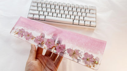 Sakura Pink Petal Wrist Rest, Pearlescent Pink Delphinium Wrist Rest, Gold Foil, Dried Flowers, Resin Wrist Rest, Personalized Gift. - HiJenney