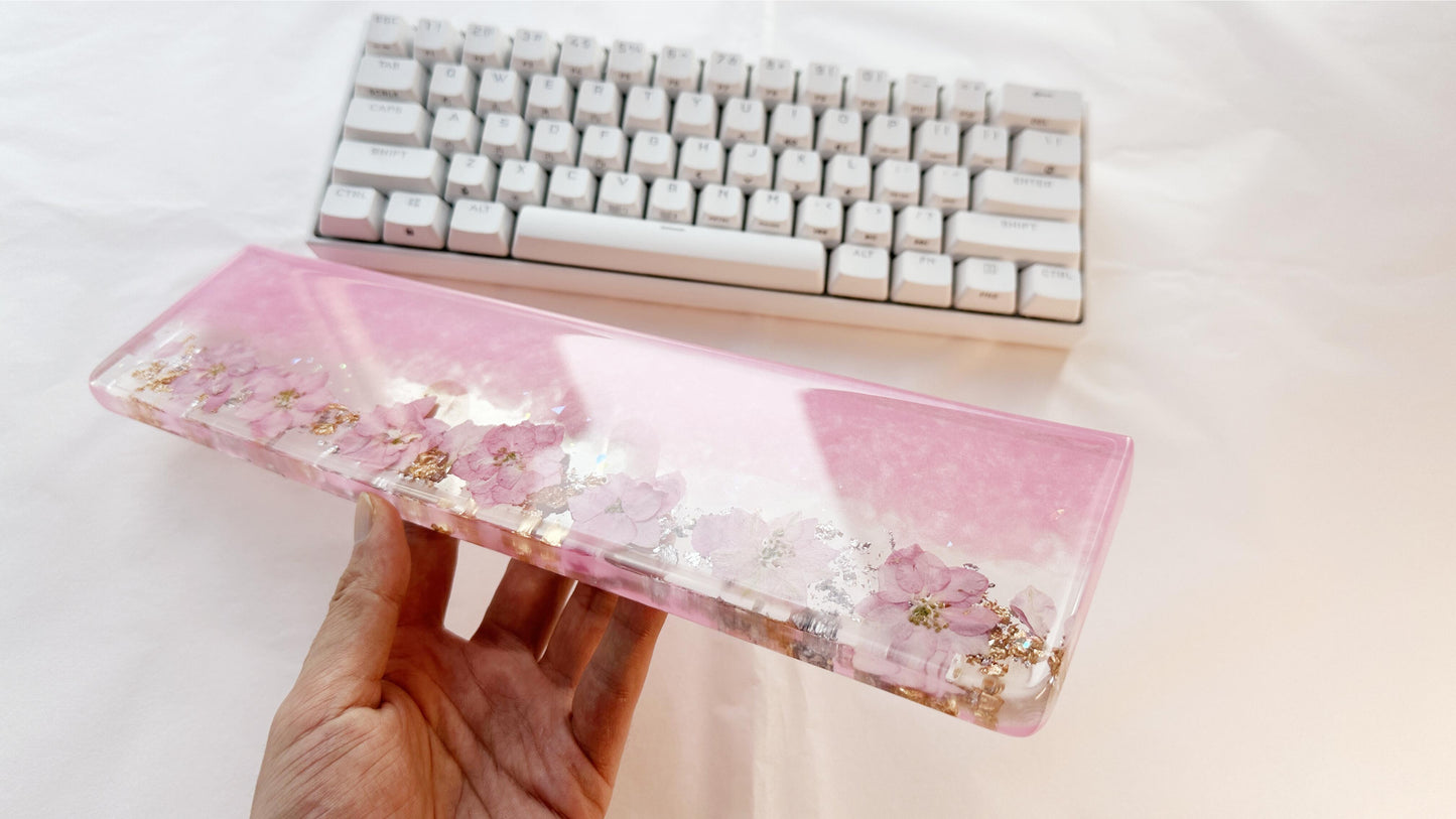 Sakura Pink Petal Wrist Rest, Pearlescent Pink Delphinium Wrist Rest, Gold Foil, Dried Flowers, Resin Wrist Rest, Personalized Gift. - HiJenney