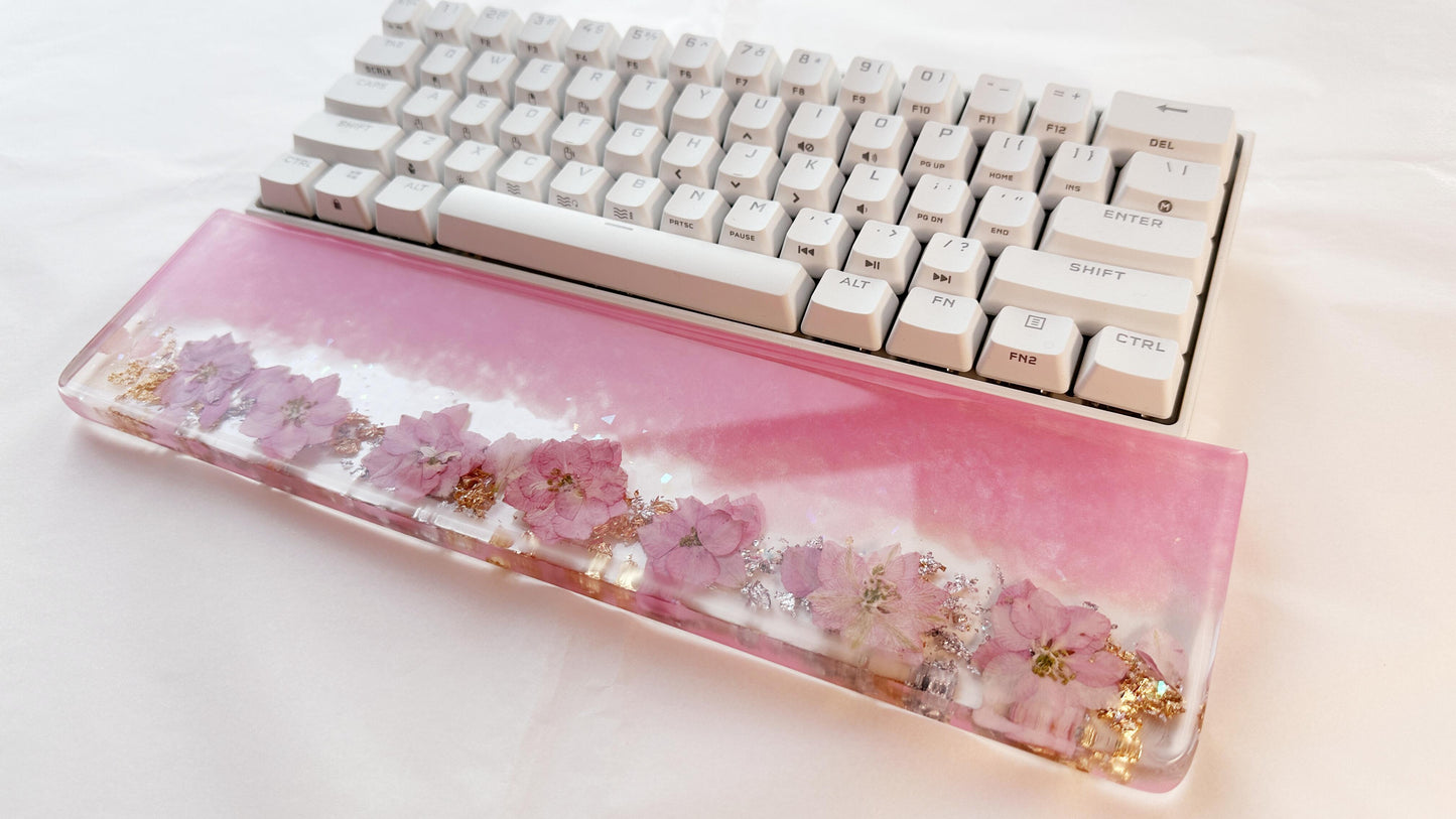 Sakura Pink Petal Wrist Rest, Pearlescent Pink Delphinium Wrist Rest, Gold Foil, Dried Flowers, Resin Wrist Rest, Personalized Gift. - HiJenney