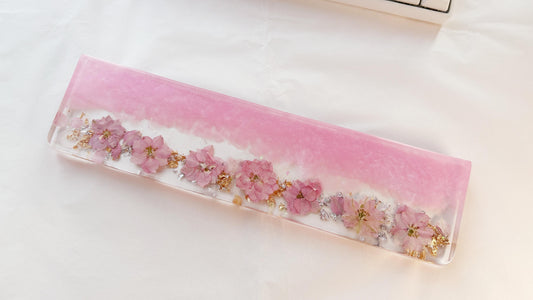 Sakura Pink Petal Wrist Rest, Pearlescent Pink Delphinium Wrist Rest, Gold Foil, Dried Flowers, Resin Wrist Rest, Personalized Gift. - HiJenney