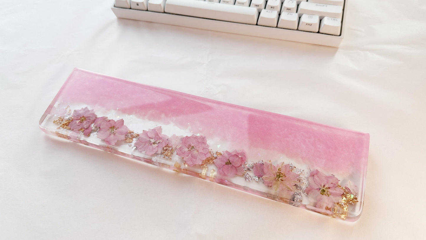 Sakura Pink Petal Wrist Rest, Pearlescent Pink Delphinium Wrist Rest, Gold Foil, Dried Flowers, Resin Wrist Rest, Personalized Gift. - HiJenney