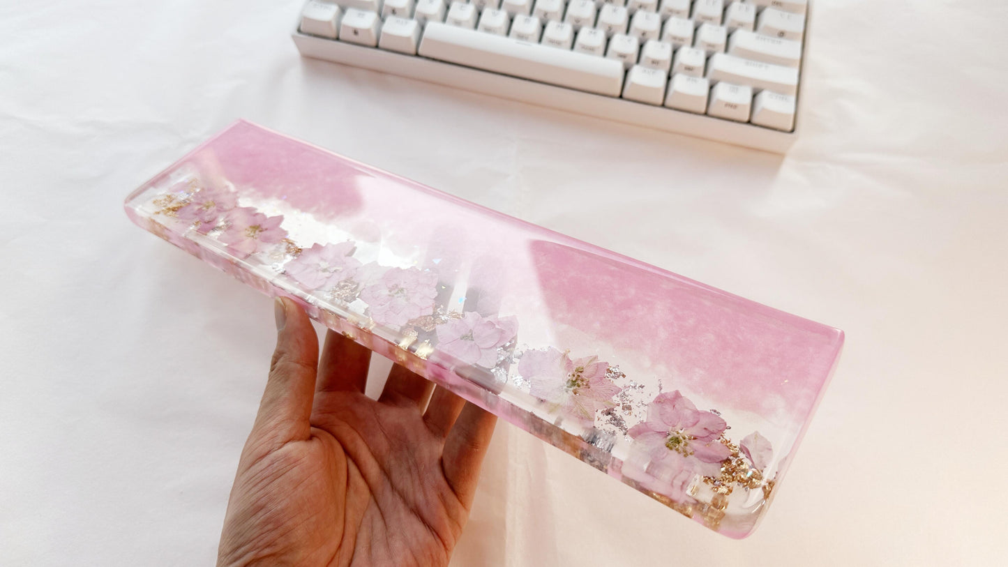 Sakura Pink Petal Wrist Rest, Pearlescent Pink Delphinium Wrist Rest, Gold Foil, Dried Flowers, Resin Wrist Rest, Personalized Gift. - HiJenney