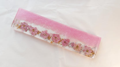 Sakura Pink Petal Wrist Rest, Pearlescent Pink Delphinium Wrist Rest, Gold Foil, Dried Flowers, Resin Wrist Rest, Personalized Gift. - HiJenney