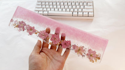 Sakura Pink Petal Wrist Rest, Pearlescent Pink Delphinium Wrist Rest, Gold Foil, Dried Flowers, Resin Wrist Rest, Personalized Gift. - HiJenney