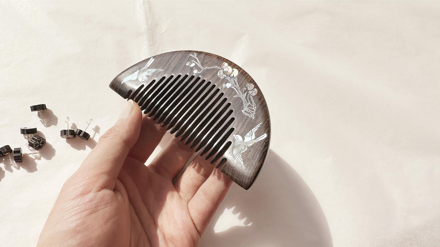 Artisan Raden Wood Comb, Classical Mother Of Pearl Comb, Black Sandalwood Comb, Anti Static Hair Comb, Oriental Retro Jewelry, Gift For Her. - HiJenney