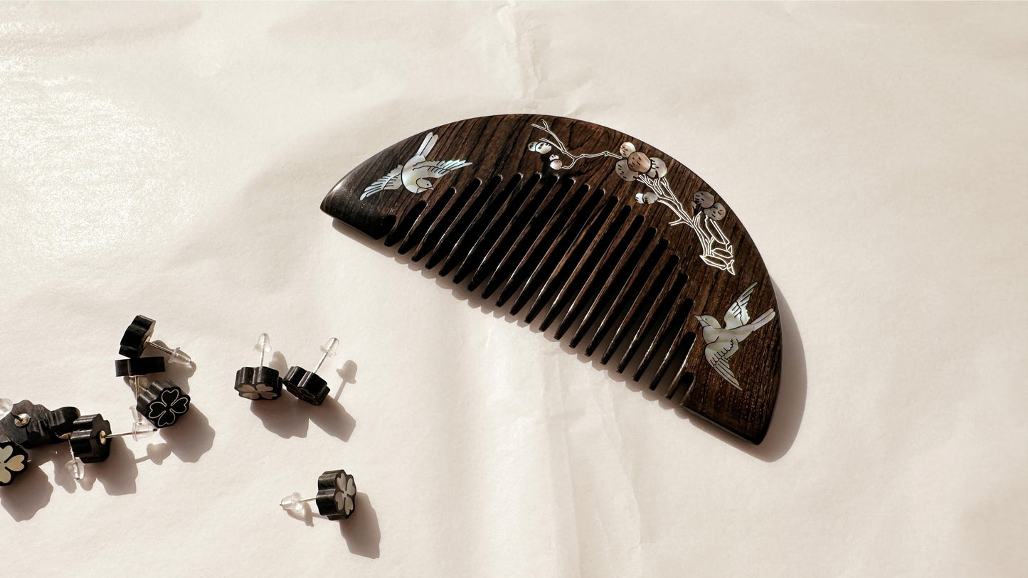 Artisan Raden Wood Comb, Classical Mother Of Pearl Comb, Black Sandalwood Comb, Anti Static Hair Comb, Oriental Retro Jewelry, Gift For Her. - HiJenney