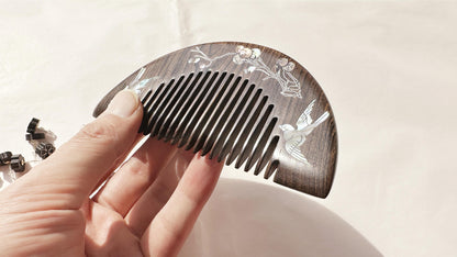 Artisan Raden Wood Comb, Classical Mother Of Pearl Comb, Black Sandalwood Comb, Anti Static Hair Comb, Oriental Retro Jewelry, Gift For Her. - HiJenney