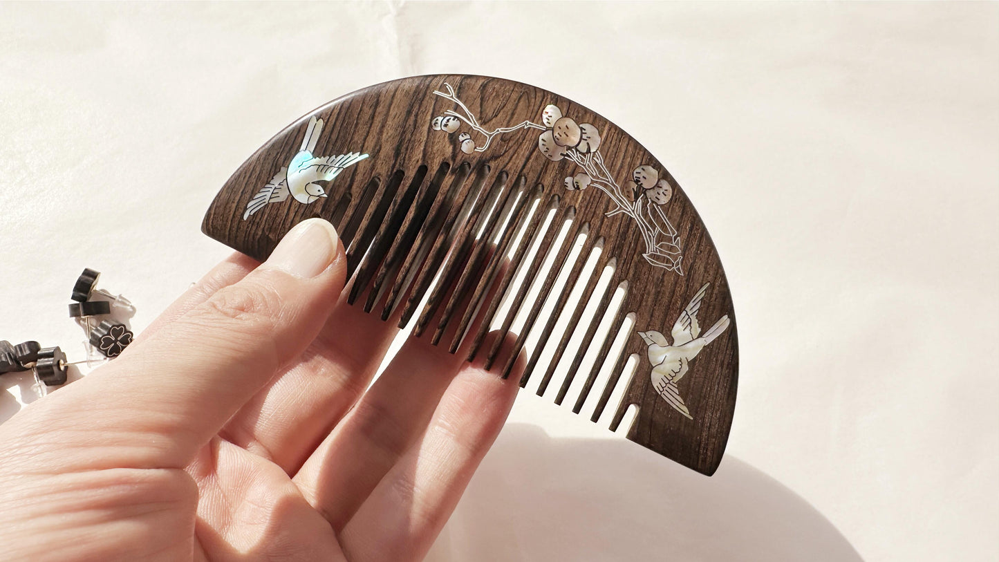 Artisan Raden Wood Comb, Classical Mother Of Pearl Comb, Black Sandalwood Comb, Anti Static Hair Comb, Oriental Retro Jewelry, Gift For Her. - HiJenney