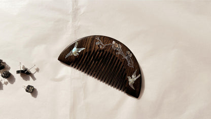 Artisan Raden Wood Comb, Classical Mother Of Pearl Comb, Black Sandalwood Comb, Anti Static Hair Comb, Oriental Retro Jewelry, Gift For Her. - HiJenney