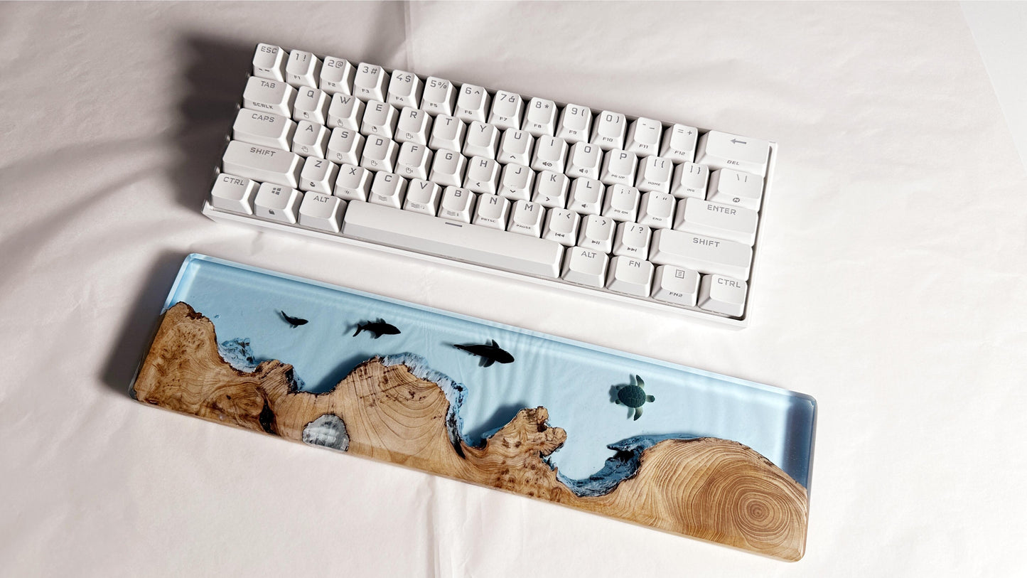 Sharks Turtles Wrist Rest, Cedar Wood Resin Wrist Rest, Custom Artisan Keyboard Wrist Rest, Blue Ocean Cave Wrist Rest, Desk Decor Gift. - HiJenney