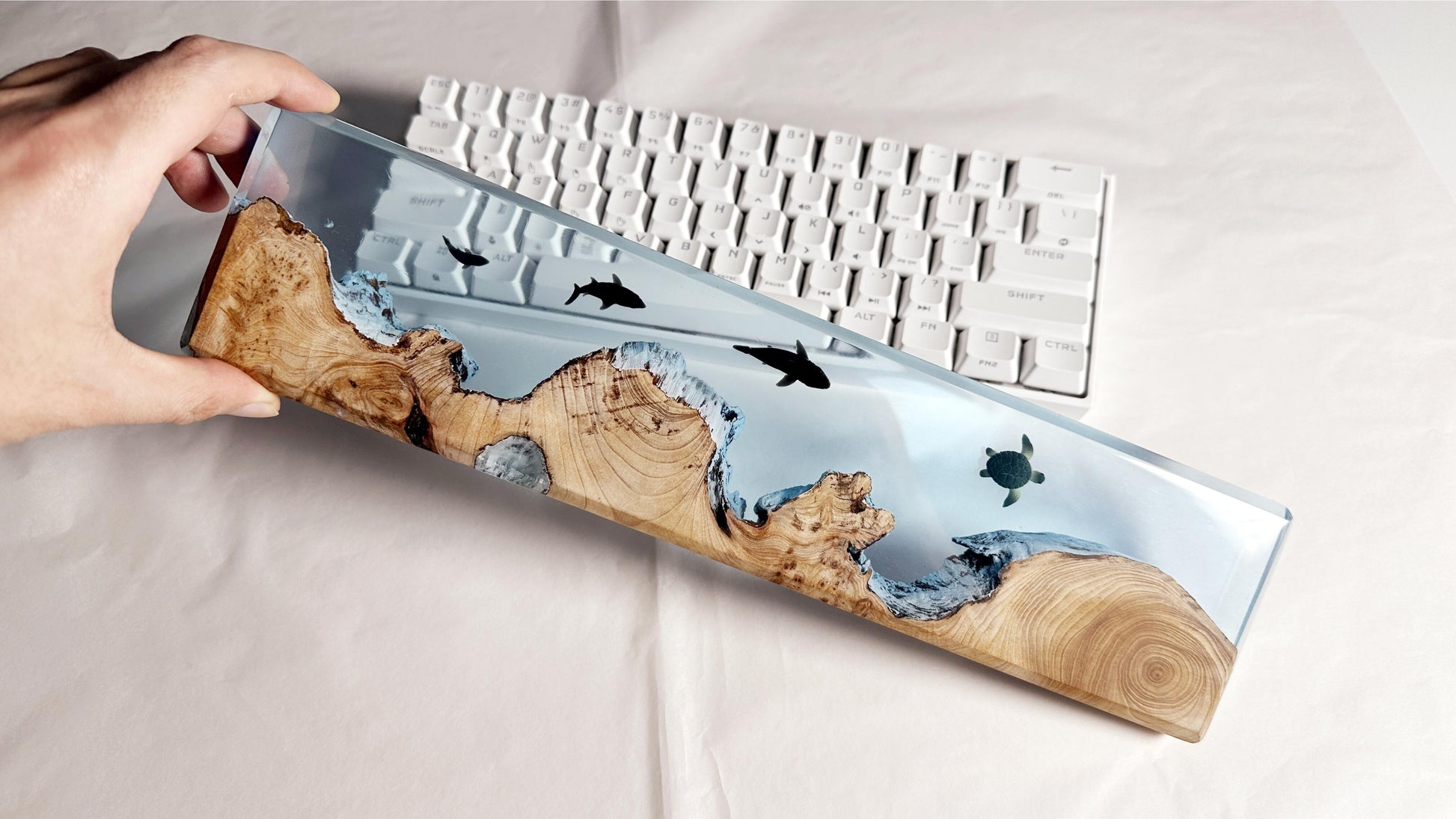 Sharks Turtles Wrist Rest, Cedar Wood Resin Wrist Rest, Custom Artisan Keyboard Wrist Rest, Blue Ocean Cave Wrist Rest, Desk Decor Gift. - HiJenney