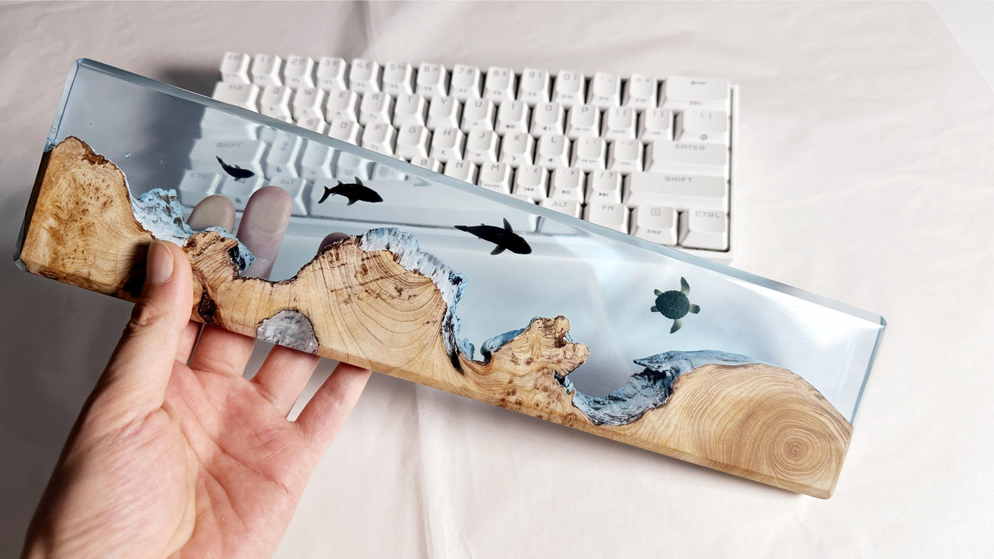 Sharks Turtles Wrist Rest, Cedar Wood Resin Wrist Rest, Custom Artisan Keyboard Wrist Rest, Blue Ocean Cave Wrist Rest, Desk Decor Gift. - HiJenney