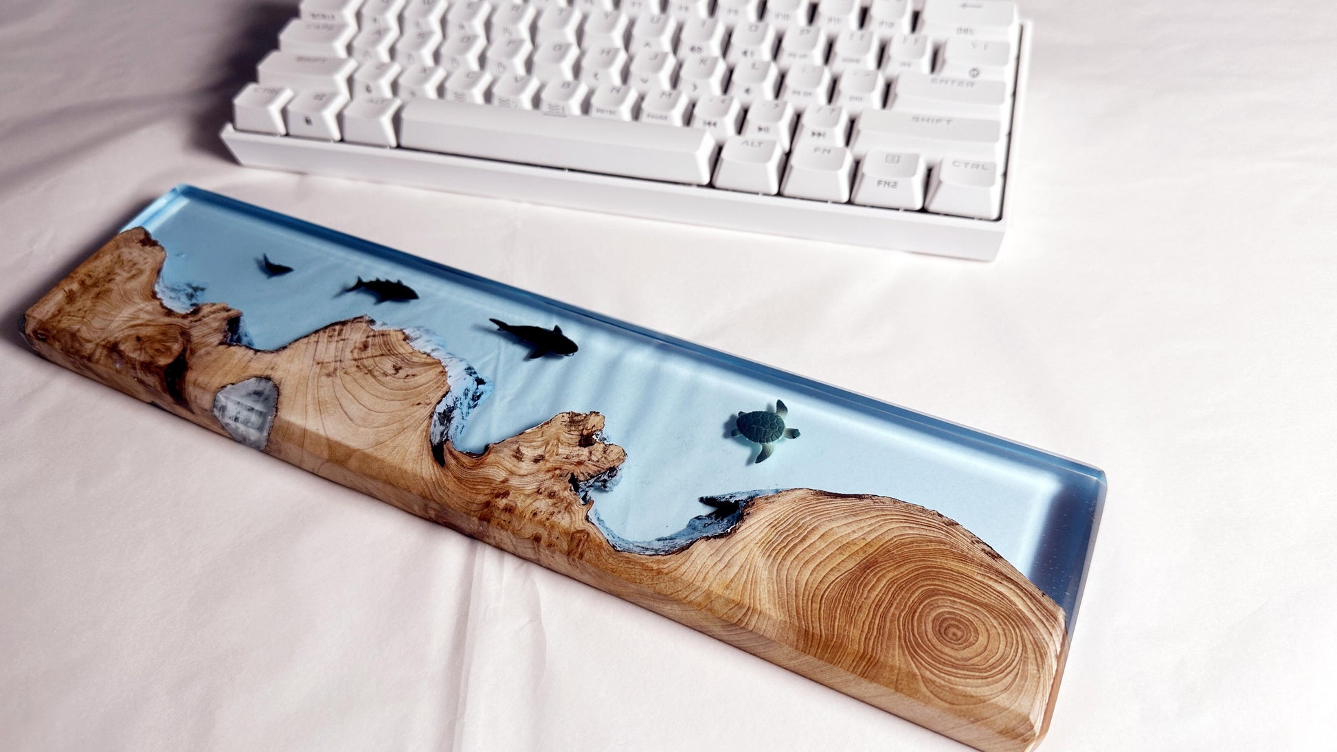 Sharks Turtles Wrist Rest, Cedar Wood Resin Wrist Rest, Custom Artisan Keyboard Wrist Rest, Blue Ocean Cave Wrist Rest, Desk Decor Gift. - HiJenney